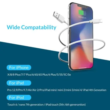 Cablu de date incarcare Apple - pentru iPad, iPod, iPhone 5, 5S , 5 C, SE, 6, 6S, 6s Plus ,7, 7 Plus, 8, 8 Plus, X White 